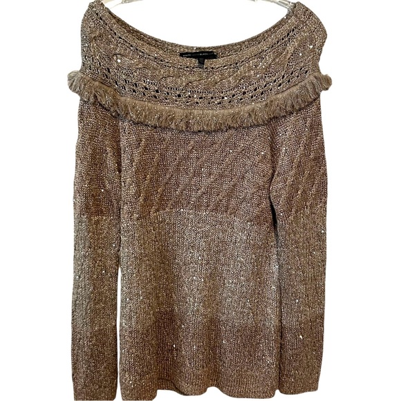 White‎ House Black Market Women's Tan Sequins Sweater with Fringe in Size M - Picture 1 of 12